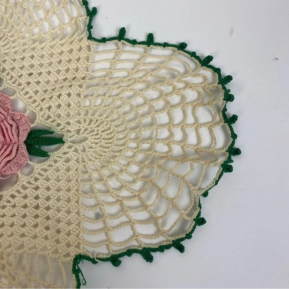 Vintage Lace Crochet Doily Cream Tan Bundle of Two Yellow Green Pink Floral - Picture 7 of 11